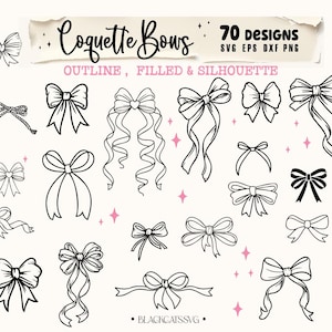May include: A set of 70 black and white bow designs in outline, filled, and silhouette styles. The designs are perfect for crafting, scrapbooking, and digital projects.  The text "Coquette Bows" is at the top of the image.