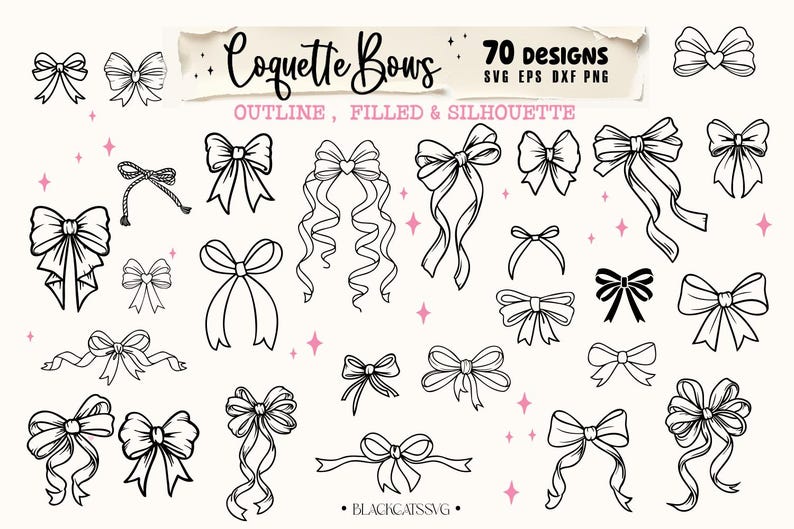 May include: A set of 70 black and white bow designs in outline, filled, and silhouette styles. The designs are perfect for crafting, scrapbooking, and digital projects.  The text "Coquette Bows" is at the top of the image.