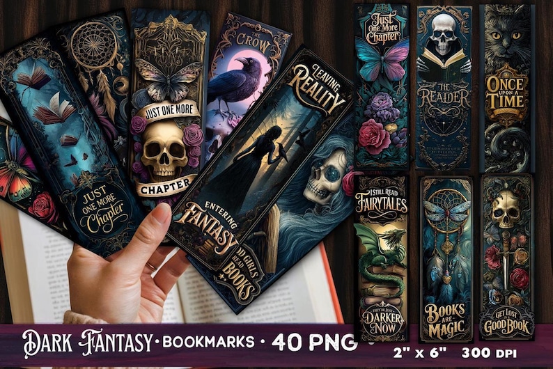 May include: A collection of dark fantasy bookmarks, each featuring gothic illustrations with skulls, butterflies, ravens, and fantasy themes. The bookmarks are approximately 2 inches by 6 inches.