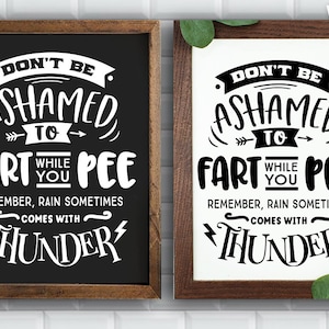 May include: Two framed signs with a black and white design. The signs say "Don't be ashamed to fart while you pee. Remember, rain sometimes comes with thunder."