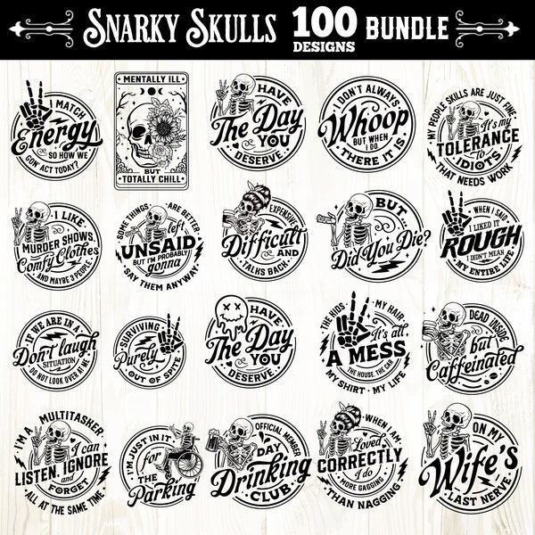 Cráneos sarcásticos paquete 100 diseños SVG, Humor adulto svg, Paquete sarcástico svg, Paquete de esqueleto divertido svg, esqueleto svg, Sassy Bundle svg