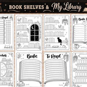Pu&ograve; includere: Una raccolta di otto pagine stampabili in bianco e nero intitolate BOOK SHELVES & MY LIBRARY. Le pagine presentano illustrazioni al tratto di librerie, libri aperti, un gatto, una finestra con una luna e tracker di lettura con dorsi numerati.