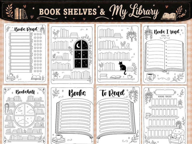 Pu&ograve; includere: Una raccolta di otto pagine stampabili in bianco e nero intitolate BOOK SHELVES & MY LIBRARY. Le pagine presentano illustrazioni al tratto di librerie, libri aperti, un gatto, una finestra con una luna e tracker di lettura con dorsi numerati.