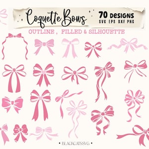 May include: A set of 70 pink bow designs in outline, filled, and silhouette styles. The designs are perfect for crafting, scrapbooking, and other creative projects.