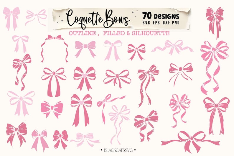 May include: A set of 70 pink bow designs in outline, filled, and silhouette styles. The designs are perfect for crafting, scrapbooking, and other creative projects.