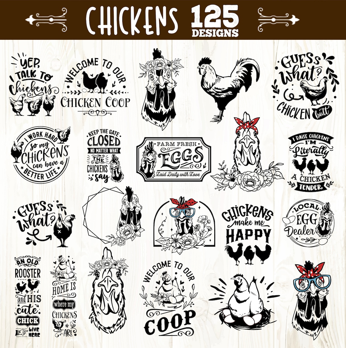Vector Lettering Chicken Bundle Chicken Bundle Svg, Funny Chicken Bundle 125 Designs Svg, Crazy ...