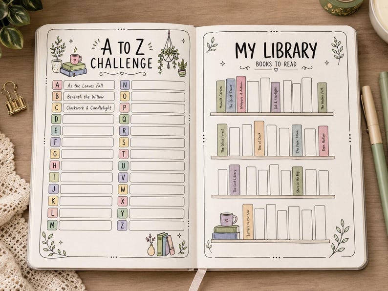 Pu&ograve; includere: Un diario aperto che presenta una pagina A to Z Challenge con righe alfabetiche e una pagina My Library Books to Read con scaffali illustrati. Le pagine includono elementi decorativi disegnati a mano come piante in vaso e libri.