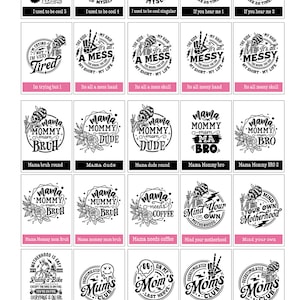 Op de afbeelding: Een verzameling van 50 zwart-wit ontwerpen met een schedel met verschillende uitspraken over moederschap. De ontwerpen bevatten zinnen als "Anti Social Moms Club", "Good Moms Say Bad Words", "I Love My Kids", "I Used To Be Cool", "Its All A Mess", "Mama Mommy Mom", "Mind Your Own Motherhood", "Overstimulated Moms", "Some Days I Rock It", "Surviving Motherhood", "The Grammy", "When It Comes Kids".