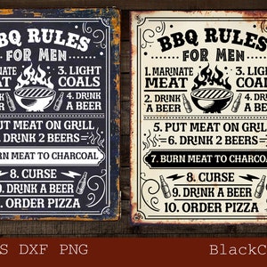 Puede incluir: Dos letreros de estilo rústico con un aspecto desgastado y envejecido. Cada letrero presenta el texto "BBQ Rules for Men" con una lista de reglas humorísticas para la parrilla. Los letreros son en blanco y negro con un fondo a cuadros rojo y blanco.