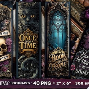 May include: Set of four dark fantasy bookmarks. Designs include a skull with a banner, a black cat, a gothic window, and a dreamcatcher. Each bookmark is approximately 2 inches wide and 6 inches long.