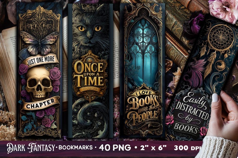 May include: Set of four dark fantasy bookmarks. Designs include a skull with a banner, a black cat, a gothic window, and a dreamcatcher. Each bookmark is approximately 2 inches wide and 6 inches long.