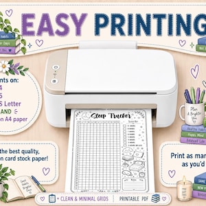 May include: A white and beige printer outputting a Sleep Tracker page with a grid and icons. The image features text including Easy Printing, Prints on A4, A5, US Letter, and various book titles like Better Habits, Brighter Days, and Happier You.