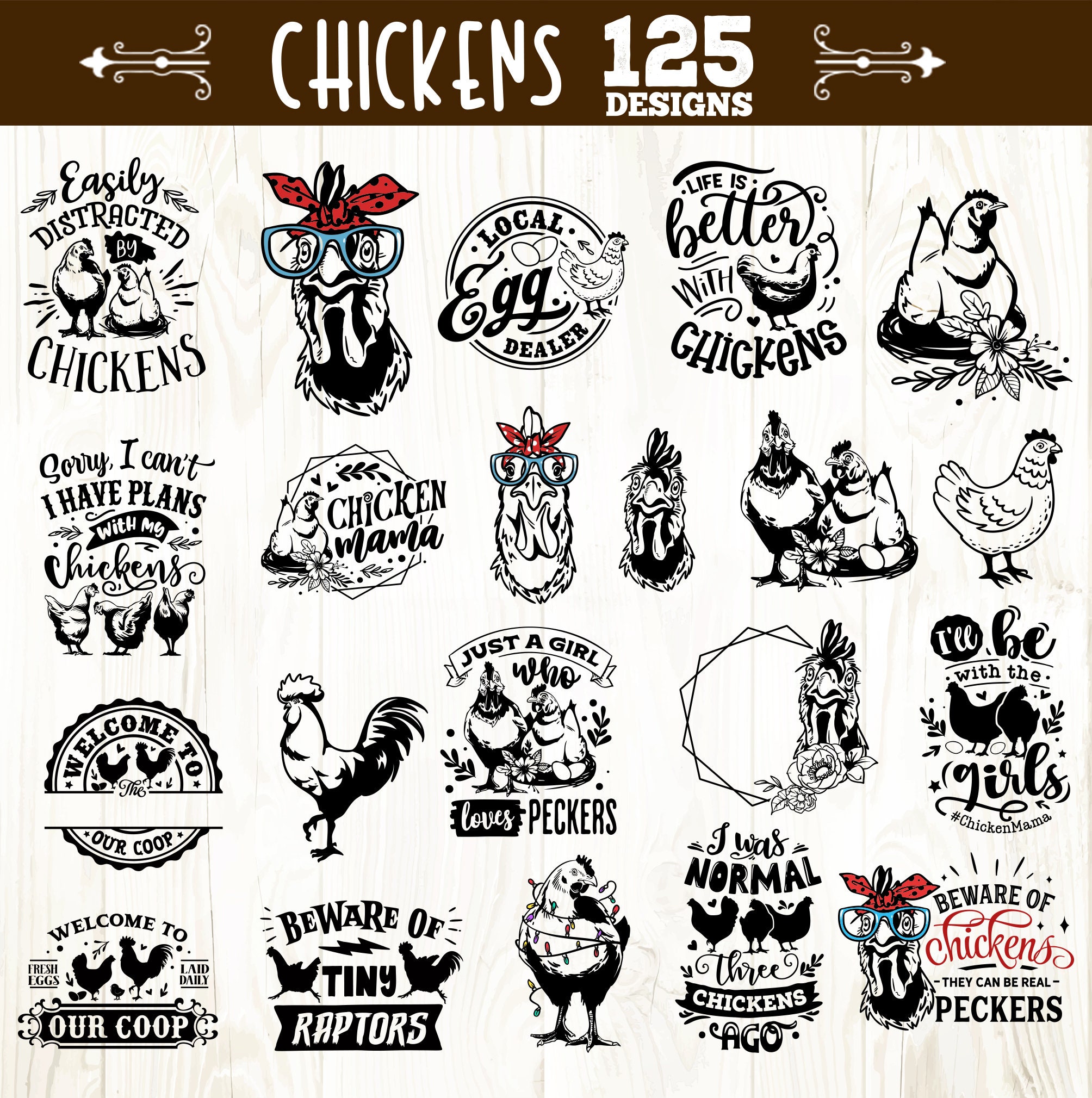 Vector Lettering Chicken Bundle Chicken Bundle Svg, Funny Chicken Bundle 125 Designs Svg, Crazy ...