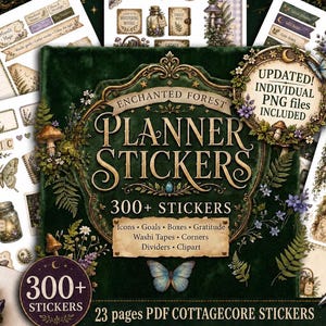 Enchanted Forest Planner Stickers Printable, 300+ Cottagecore Stickers, 23 Page PDF,  PNG, Woodland Journal Stickers, Washi Tape, Labels