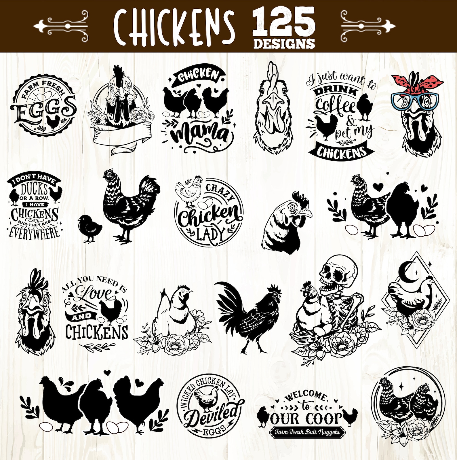 Vector Lettering Chicken Bundle Chicken Bundle Svg, Funny Chicken Bundle 125 Designs Svg, Crazy ...