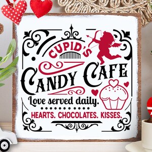Cupid&#39;s Candy Cafe Co SVG, Farmhouse Valentine svg, Cupid&#39;s Cafe SVG, Cupid&#39;s Round label svg, Chocolates hearts kisses svg