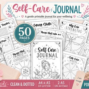 May include: A 50-page printable self-care journal featuring black and white line art pages with prompts for anxiety tracking, coping skills, core strengths, and daily reflections. The collection includes A4, A5, and US Letter PDF formats.