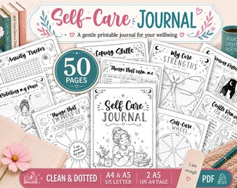 Peut inclure: Un journal de bien-être imprimable de 50 pages avec des pages en noir et blanc comprenant des exercices de suivi de l'anxiété, des compétences d'adaptation, des forces personnelles et des réflexions. Formats PDF A4, A5 et US Letter inclus.
