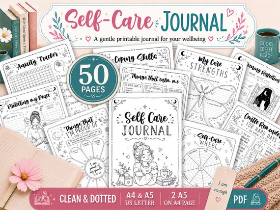 Self Care Journal Printable Kit, 50-Page Wellness Planner Bundle (A4, A5, US Letter)