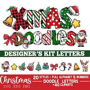 Alfabeto navideño PNG, fuente navideña PNG SVG, letras navideñas PNG, Papá Noel PNG, garabatos navideños 20 estilos y clipart