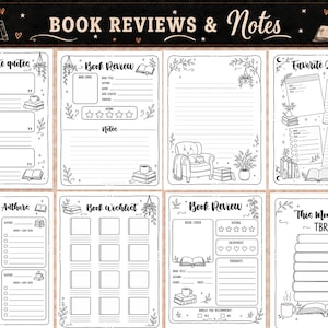 Pu&ograve; includere: Una raccolta di otto pagine di agenda stampabili intitolate Book Reviews & Notes, con illustrazioni a linee bianche e nere di libri, piante e mobili. Le pagine includono modelli per citazioni preferite, recensioni di libri, liste dei desideri e registri di lettura con vari suggerimenti di scrittura e sistemi di valutazione.
