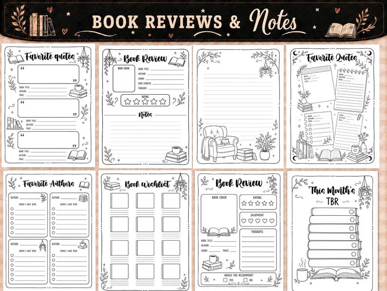 Pu&ograve; includere: Una raccolta di otto pagine di agenda stampabili intitolate Book Reviews & Notes, con illustrazioni a linee bianche e nere di libri, piante e mobili. Le pagine includono modelli per citazioni preferite, recensioni di libri, liste dei desideri e registri di lettura con vari suggerimenti di scrittura e sistemi di valutazione.