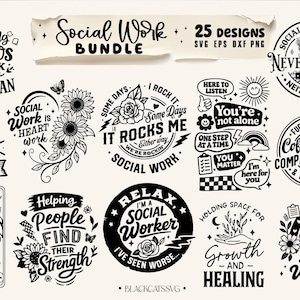 Paquete de 25 diseños SVG de trabajo social, trabajador social svg, paquete de compasión svg, paquete divertido de trabajo social svg