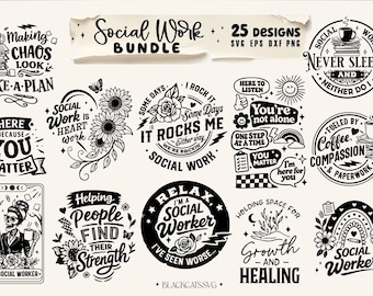 Paquete de 25 diseños SVG de trabajo social, trabajador social svg, paquete de compasión svg, paquete divertido de trabajo social svg