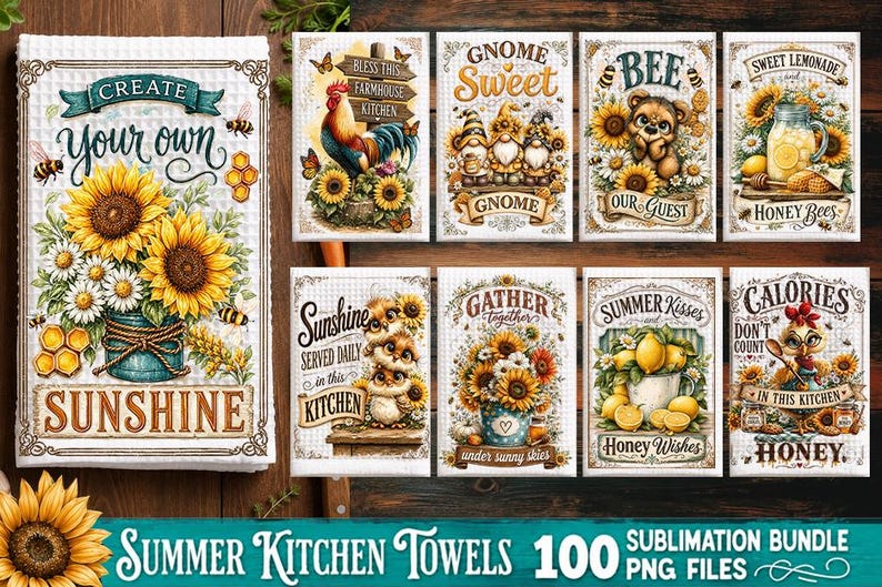 May include: A collection of rectangular kitchen towels featuring vibrant summer-themed illustrations. Designs include sunflowers, bees, gnomes, lemons, and roosters, with decorative text such as Create Your Own Sunshine, Gnome Sweet Gnome, and Bee Our Guest.