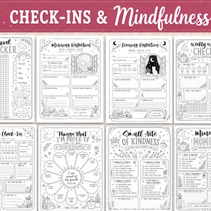 May include: A set of eight black and white printable pages titled Check-Ins & Mindfulness. The sheets include a mood tracker, morning and evening reflections, a weekly wellness check-in, daily check-in, pride list, acts of kindness, and mindful moments.