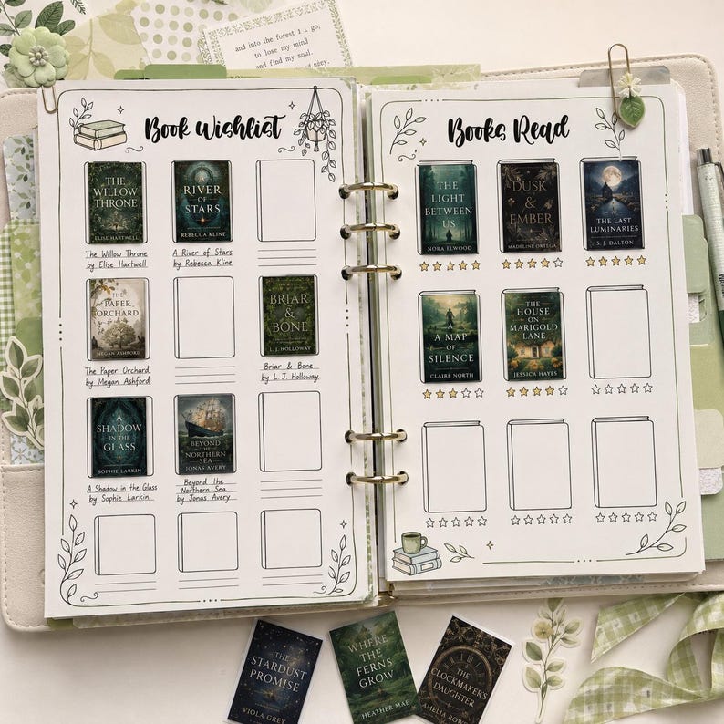 Pu&ograve; includere: Un'agenda ad anelli con due pagine intitolate Book Wishlist e Books Read. Le pagine contengono illustrazioni di copertine di libri, rettangoli vuoti per appunti e icone a forma di stella. Tre adesivi di copertine si trovano sotto l'agenda.