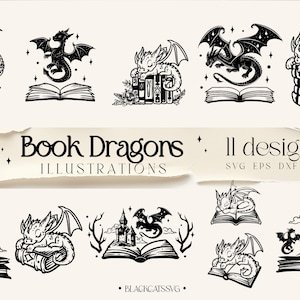 Buchdrachen 11designs SVG, Buchdrache svg, Bücher und Drachen bündeln svg, Stapel Bücher bündeln svg, Buchdrache svg
