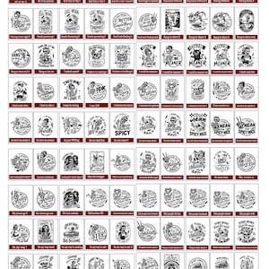 May include: A collection of 100 black and white designs with humorous phrases and illustrations. The designs are circular and feature various themes, including skeletons, food, and sarcastic sayings. The text "FUNNY BUNDLE 100 designs" is at the top.