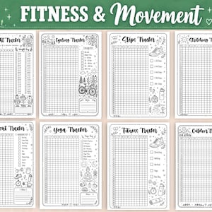 May include: A set of eight black and white printable fitness tracker sheets featuring the text FITNESS & MOVEMENT at the top. Each page includes a grid for tracking progress, specific activity keys, and hand-drawn illustrations like a bicycle, sneakers, yoga poses, and water bottles.