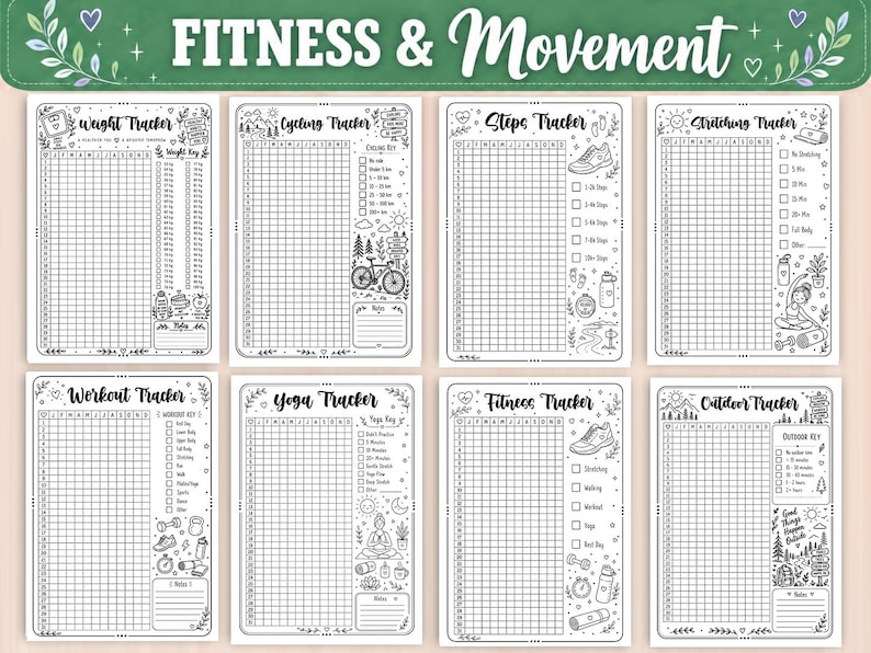 May include: A set of eight black and white printable fitness tracker sheets featuring the text FITNESS & MOVEMENT at the top. Each page includes a grid for tracking progress, specific activity keys, and hand-drawn illustrations like a bicycle, sneakers, yoga poses, and water bottles.