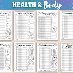 May include: A set of eight black and white printable health tracking sheets titled Health & Body. Each page features a grid for daily logging, checkboxes for symptoms or data, and decorative line art illustrations of medical supplies and icons.