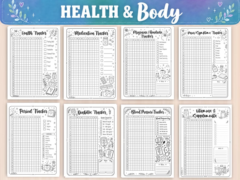 May include: A set of eight black and white printable health tracking sheets titled Health & Body. Each page features a grid for daily logging, checkboxes for symptoms or data, and decorative line art illustrations of medical supplies and icons.