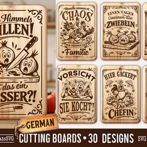 Pode incluir: Tábuas de corte de madeira com designs gravados humorísticos. Uma tábua apresenta vegetais e uma faca com o texto "Ist das ein MESSER?!" Outras tábuas têm várias ilustrações e texto com tema de cozinha. A imagem inclui uma colher de pau e uma etiqueta "GERMAN".