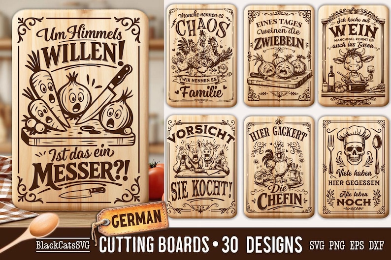 Puede incluir: Tablas de cortar de madera con dise&ntilde;os grabados humor&iacute;sticos. Una tabla presenta verduras y un cuchillo con el texto "Ist das ein MESSER?!" Otras tablas tienen varias ilustraciones y texto con tem&aacute;tica de cocina. La imagen incluye una cuchara de madera y una etiqueta "GERMAN".