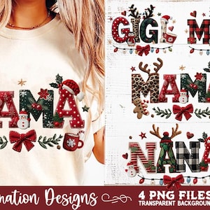 Op de afbeelding: Kerstmis-thema sublimatie ontwerpen met de woorden "Gigi", "Mimi", "Mama" en "Nana". Elk ontwerp bevat feestelijke elementen zoals rendiergeweien, kerstmutsen, peperkoekenmannetjes, strikken en lichtjes. Beschikbaar als 4 PNG-bestanden.