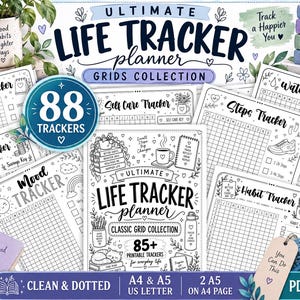 Op de afbeelding: Een verzameling printbare life tracker planner pagina's met diverse rasters voor het bijhouden van gewoontes, stemming, waterinname, spaargeld en zelfzorg. De pagina's bevatten zwart-wit illustraties, handgeschreven titels en tekst zoals Ultimate Life Tracker Planner, 88 Trackers en 85+ Printable Trackers for everyday life.
