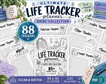 May include: A collection of printable life tracker planner pages featuring various grids for tracking habits, mood, water intake, savings, and self-care. The pages include black and white illustrations, hand-lettered titles, and text such as Ultimate Life Tracker Planner, 88 Trackers, and 85+ Printable Trackers for everyday life.