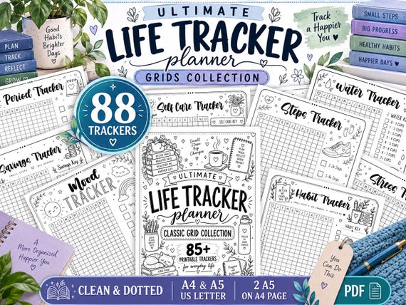 Life Tracker Printable Planner, 88 Printable Trackers, Habit Mood Health Budget Wellness Tracker Bundle, A4 A5 US Letter PDF