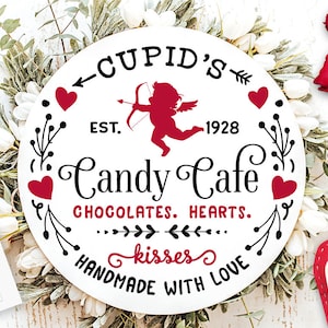 Cupid&#39;s Candy Cafe Co SVG, Farmhouse Valentine svg, Cupid&#39;s Cafe SVG, Cupid&#39;s Round label svg, Chocolates hearts kisses svg