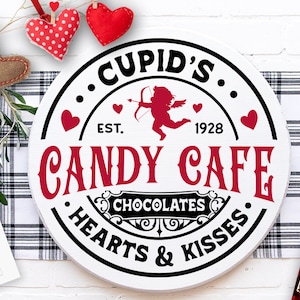 Cupid&#39;s Candy Cafe Co SVG, Farmhouse Valentine svg, Cupid&#39;s Cafe SVG, Cupid&#39;s Round label svg, Chocolates hearts kisses svg