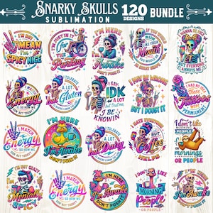 K&ouml;nnte beinhalten: Eine Sammlung von 120 Snarky Skulls Sublimationsdesigns. Jedes Design zeigt ein Skelett mit verschiedenen Accessoires und S&auml;tzen wie &bdquo;I'm Awake, Don't Push It&ldquo; und &bdquo;I'm Not Mean, I'm Spicy Nice&ldquo;. Die Designs verwenden leuchtende Farben und eignen sich f&uuml;r verschiedene Projekte.