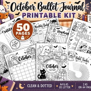 Könnte beinhalten: Ein druckbares Bullet-Journal-Set mit 50 Seiten, das schwarz-weiße Illustrationen von Geistern, schwarzen Katzen, Kürbissen und Herbstblättern zeigt. Die Seiten enthalten Tracker für Stimmung, Gewohnheiten, Lesen und Budgets mit Text.