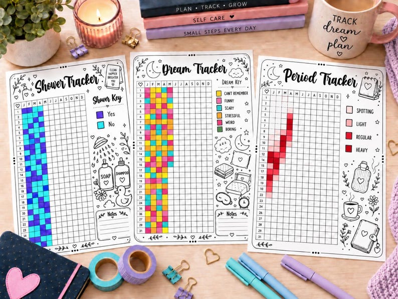 May include: Three printed paper trackers titled Shower Tracker, Dream Tracker, and Period Tracker. Each sheet features a grid for months and days, color-coded keys, and black and white line art illustrations of daily items like soap, pillows, and mugs.
