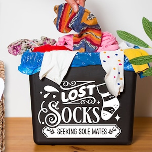 May include: A black laundry bin overflowing with colorful socks and clothing. The bin has the words "LOST SOCKS SEEKING SOLE MATES" in white lettering. A hand is placing a patterned sock into the bin. A white basket and a plant are in the background.