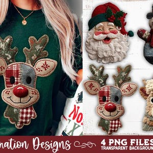 Può includere: Una felpa verde con un design a renna e quattro file PNG a tema natalizio. La renna ha un design patchwork con un naso rosso. Altri disegni includono Babbo Natale, un pupazzo di neve e una mucca delle Highlands.